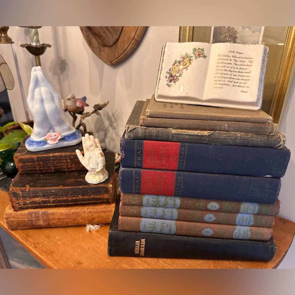 Assorted Vintage Religious items and books including Antique Bibles 1800s